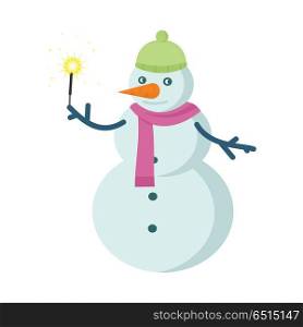 Snowman Vector Illustration in Flat Design. Snowman vector illustration. Snowman made with three balls of snow with bucket instead of hat, carrot nose and hands from branches holding sparkler. Snowy entertainments. Celebrating winter holidays