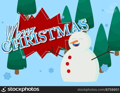 Snowman wearing hat and scarf with Merry Christmas text. Holiday card, Winter event poster, banner.