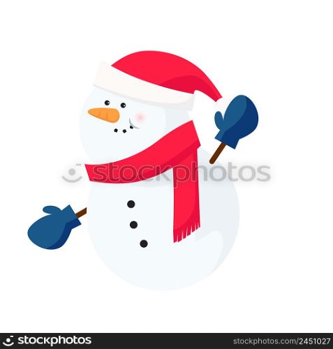 Snowman wearing Santa hat, scarf and mittens. Cartoon, character, handmade. Winter concept. Can be used for topics like tradition, holiday, xmas. Snowman wearing Santa hat, scarf and mittens
