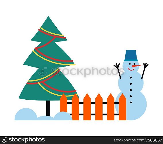 Snowman winter holiday character in bucket standing near fence with decorated Christmas tree. Funny creature created with compressed snow vector isolated. Snowman Winter Holiday Characters in Bucket, Hat