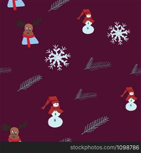 Snowman, winter reindeer, snowflakes seamless pattern. Festive endless design. Holiday decor wrapping paper, background. Colorful vector illustration in flat cartoon style.. Snowman, winter reindeer, snowflakes seamless pattern.