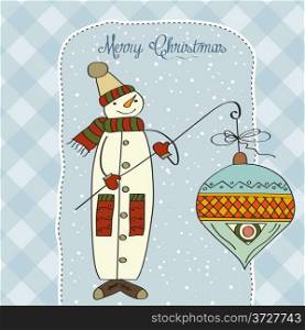 snowman with big Christmas ball, vector illustration
