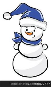 Snowman with blue scarf, illustration, vector on white background
