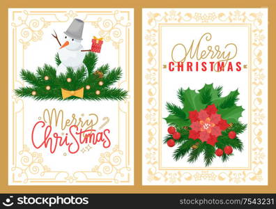 Snowman with bucket on head on spruce branches, winter Christmas and New Year holidays decorations in ornamental frame. Color balls with bows, mistletoe. Merry Christmas Greeting Card, Snowman Mistletoe