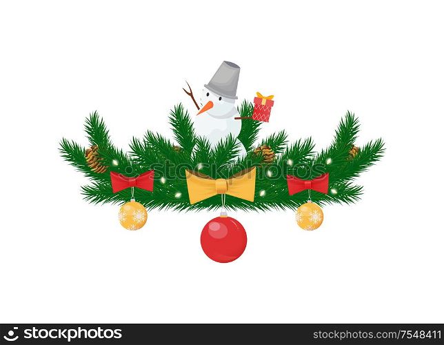 Snowman with bucket on head on spruce branches, winter Christmas and New Year holidays decoration isolated vector icon. Color balls with bows, lights. Snowman with Bucket on Head on Spruce Branches