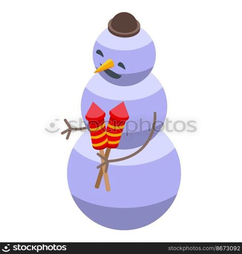 Snowman with fireworks icon isometric vector. Winter hat. Cute snowman. Snowman with fireworks icon isometric vector. Winter hat