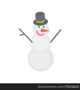 Snowman with grey top hat and carrot instead nose. Vector cartoon clipart or illustration of winter character with branches in place of his hands. Snowman with Grey Top Hat and Carrot Instead Nose
