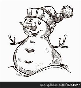 Snowman with happy smile on face winter character vector man made of snow smiling snowballs with buttons branches hands carrot nose wearing knitted warm hat monochrome sketch outline isolated icon. Snowman with happy smile on face winter character