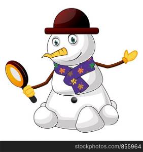 Snowman with magnifying glass illustration vector on white background