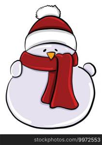 Snowman with red scarf, illustration, vector on white background