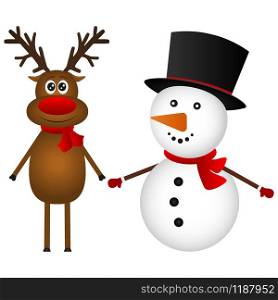 Snowman with reindeer standing on a white background, funny characters. Snowman with reindeer standing on a white background