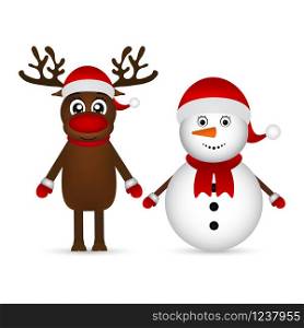 Snowman with reindeer standing on a white background, funny characters. Snowman with reindeer standing on a white background