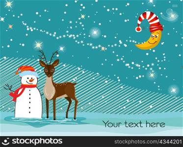 snowman with reindeer vector illustration