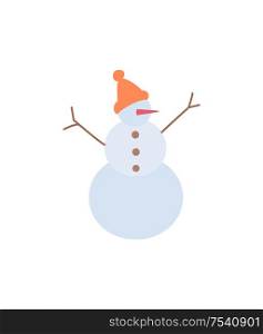 Snowman with rising up hands from branches with hat and carrot nose and buttons. Winter cartoon character made snow, card vector illustration isolated. Snowman Illustration Isolated on White Vector