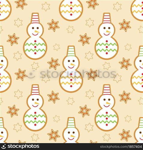 Snowmen and snowflakes Christmas gingerbread seamless pattern. Festive Christmas background with pastries. Decorated with glaze figurines, a template for packaging, paper, fabric, wallpaper and decor.. Snowmen and snowflakes Christmas gingerbread seamless pattern.