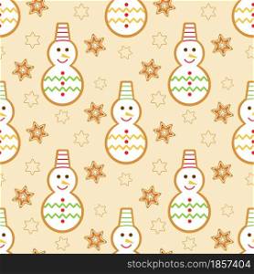Snowmen and snowflakes Christmas gingerbread seamless pattern. Festive Christmas background with pastries. Decorated with glaze figurines, a template for packaging, paper, fabric, wallpaper and decor.. Snowmen and snowflakes Christmas gingerbread seamless pattern.