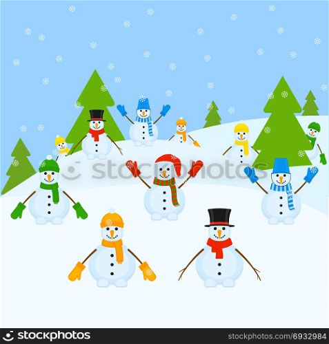 Snowmen group. Christmas Landscape. Vector illustration of Christmas landscape with group of cheerful snowmen and falling snow. Winter fun