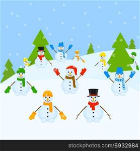 Snowmen group. Christmas Landscape. Vector illustration of Christmas landscape with group of cheerful snowmen and falling snow. Winter fun