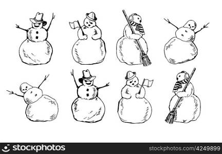Snowmen planimetric with brooms in a hat and a scarf in various poses