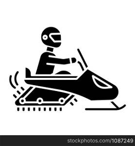 Snowmobiling glyph icon. Winter extreme sport, risky activity and adventure. Cold season outdoor dangerous leisure. Snowmobile driving on snow covered surface. Vector isolated illustration