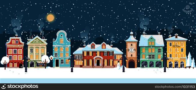 Snowy Christmas night in cozy town city panorama. Winter village landscape, flat style, vector illustration. Snowy Christmas night in cozy town city panorama. Winter village holiday landscape, vector illustration