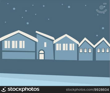 Snowy cityscape with building and snowflakes, night sky with stars. Skyline of town in evening, winter season and frosty weather outdoors. New year and christmas holidays. Vector in flat style. Cityscape at winter night, snowy skyline in evening