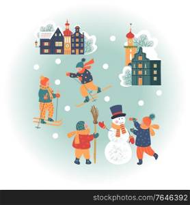 Snowy day in cozy christmas town. Winter christmas village day landscape. Children make a snowman, go skiing. Children play outside in winter. Vector illustration, greeting card. Snowy day in cozy christmas town. Winter christmas village day landscape. Children play outside in winter. Vector illustration, greeting card.