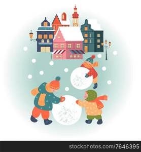 Snowy day in cozy christmas town. Winter christmas village day landscape. Children make a snowman. Children play outside in winter. Vector illustration, greeting card.. Snowy day in cozy christmas town. Winter christmas village day landscape. Children play outside in winter. Vector illustration, greeting card.
