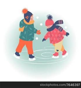 Snowy day. Winter christmas day landscape. Children are skating. Children play outside in winter. Vector illustration, greeting card. Winter season background kids characters. Flat vector illustration. Winter outdoor activities. Children have fun.