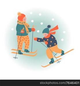 Snowy day. Winter christmas day landscape. Children go skiing. Children play outside in winter. Vector illustration, greeting card.. Winter season background kids characters. Flat vector illustration. Winter outdoor activities. Children have fun.