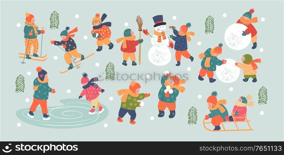 Snowy day. Winter christmas day landscape. Children go sledding, skiing, skating, playing snowballs, making a snowman. Children play outside in winter. Vector illustration, greeting card.. Winter season background kids characters. Flat vector illustration. Winter outdoor activities. Children have fun.