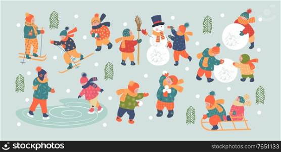Snowy day. Winter christmas day landscape. Children go sledding, skiing, skating, playing snowballs, making a snowman. Children play outside in winter. Vector illustration, greeting card.. Winter season background kids characters. Flat vector illustration. Winter outdoor activities. Children have fun.