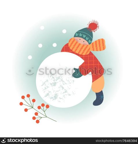 Snowy day. Winter christmas day landscape. Children make a snowman. Children play outside in winter. Vector illustration, greeting card.. Winter season background kids characters. Flat vector illustration. Winter outdoor activities. Children have fun.