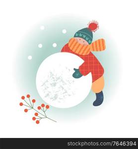 Snowy day. Winter christmas day landscape. Children make a snowman. Children play outside in winter. Vector illustration, greeting card.. Winter season background kids characters. Flat vector illustration. Winter outdoor activities. Children have fun.