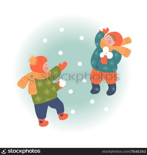 Snowy day. Winter christmas day landscape. Children playing in the snowball. Children play outside in winter. Vector illustration, greeting card.. Winter season background kids characters. Flat vector illustration. Winter outdoor activities. Children have fun.