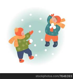 Snowy day. Winter christmas day landscape. Children playing in the snowball. Children play outside in winter. Vector illustration, greeting card.. Winter season background kids characters. Flat vector illustration. Winter outdoor activities. Children have fun.