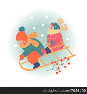Snowy day. Winter christmas day landscape. Children sledding. Children play outside in winter. Vector illustration, greeting car. Winter season background kids characters. Flat vector illustration. Winter outdoor activities. Children have fun.