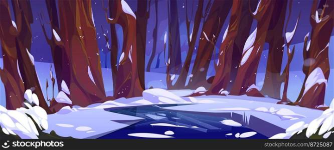Snowy forest glade with frozen lake. Winter nature scene, dark deep woods or park landscape with trees trunks, white snow and ice on pond, vector cartoon illustration. Snowy forest glade with frozen lake in winter