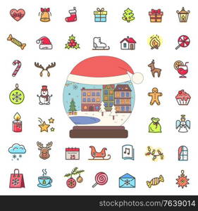 Snowy glass bauble with city vector, isolated set of icons. Sock and bauble outline, gingerbread man and deer. Letter and calendar with date of holiday, candle and candies house and presents. Winter City Snowball and Set of Xmas Icons Outline