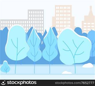 Snowy town or village with urban park. Trees covered by snow in lawn, wintertime landscape. Cityscape with buildings on background, beautiful scenery. Vector winter illustration in flat style. Snowy City Park with Trees, Winter Weather in Town