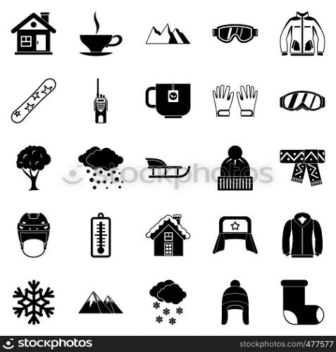 Snowy weather icons set. Simple set of 25 snowy weather vector icons for web isolated on white background. Snowy weather icons set, simple style