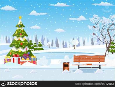 snowy winter city park with Christmas trees, bench, Winter Christmas landscape for banner, poster, web. Vector illustration in flat style. snowy winter city park