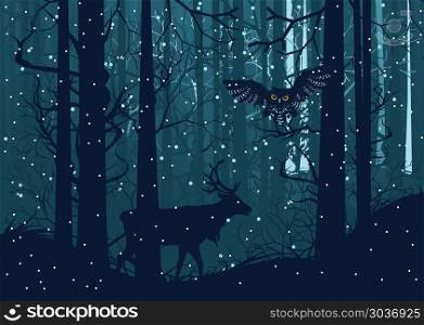 Snowy Winter Forest with Deer. Falling snow in dark winter forest with trees and deer silhouette.