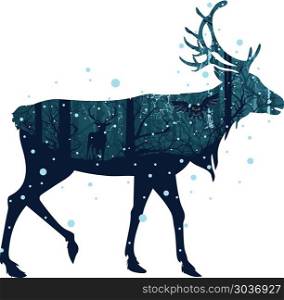 Snowy Winter Forest with Deer. Falling snow in dark winter forest with trees and deer silhouette.