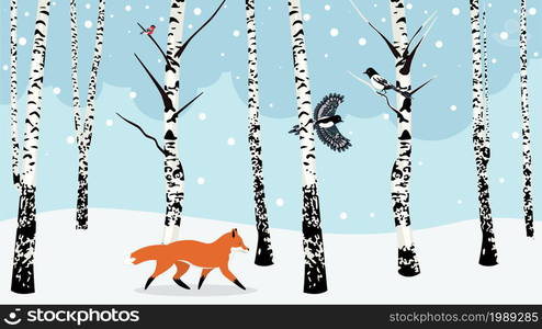 Snowy winter landscape with leafless birch trees and cartoon animals illustration.