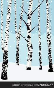 Snowy winter landscape with leafless birch trees illustration.