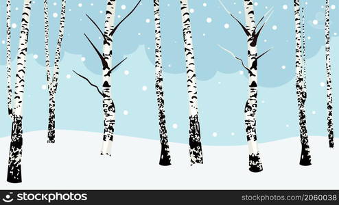 Snowy winter landscape with leafless birch trees illustration.