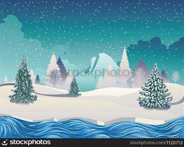Snowy winter landscape with river, fir trees and big mountain.
