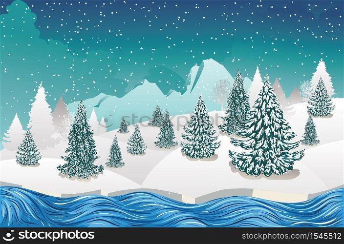 Snowy winter landscape with river, fir trees and big mountain.
