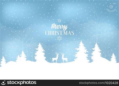 Snowy winter landscape with snowflakes, reindeer and words Merry Christmas